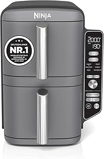 Ninja Double Stack XL Air Fryer, Verticale Dubbele Lade, 4 Kookniveaus, 2 Laden en 2 Rekken, Ruimtebesparend Ontwerp, 9,5L Capaciteit, 6 Functies, 8 Porties, Grijs SL400EU