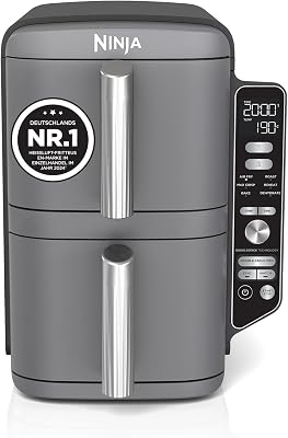 Ninja Double Stack XL Air Fryer, Verticale Dubbele Lade, 4 Kookniveaus, 2 Laden en 2 Rekken, Ruimtebesparend Ontwerp, 9,5L Capaciteit, 6 Functies, 8 Porties, Grijs SL400EU