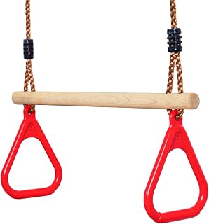 Leogreen - Trapezium van hout, ringen en gymnastiekstang voor kinderen, spelletjes voor tuin, buiten, binnen, rood | 58 x (120-200) cm, maximale belasting 150 kg, in hoogte verstelbaar, optrekstang voor tuin buiten voor fitness