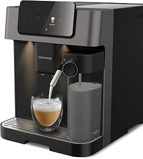 GRUNDIG KVA 7230 Volautomatische espressomachine, 10 koffiespecialiteiten, 13 maalgraden, melkreservoir, krachtig 1350 W, 19 bar pompdruk, dubbel mondstuk, verlichting, zwart/donkerzilver