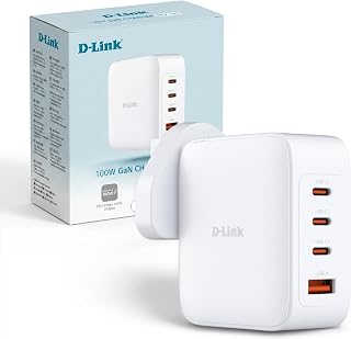 D-Link DCP-101 100W GaN USB-oplader (4-poorts snellader met USB-C PD 3.0 & QC 4.0 – compacte oplader voor laptop, smartphone en tablet – EU-stekker)
