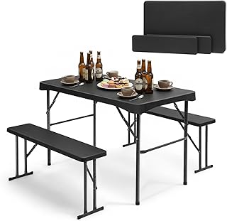 Sekey Biertentgarnituur, inklapbaar, kunststof, 113 x 61 cm, eettafelset met 2 banken voor 4 personen, feesttentgarnituur voor binnen en buiten, biertafelset, tuin, zwart