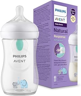 Philips Avent Natural Response-babyfles - Babymelkfles van 260 ml met AirFree-opening, BPA-vrij, voor pasgeboren baby's van 1 maand en ouder, met olifantmotief (model SCY673/81)