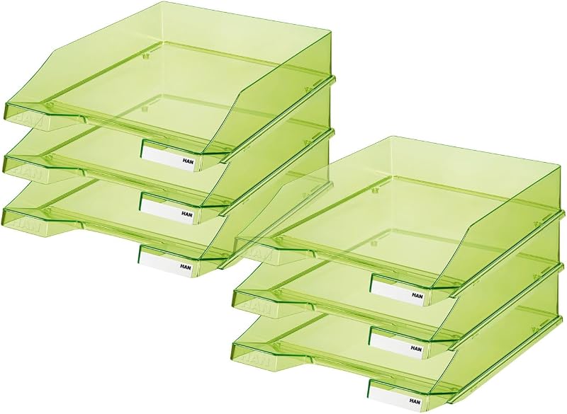 HAN Brievenbakje KLASSIEK TRANSPARENT, 6 STUKS, moderne, transparante en stapelbare plank in fris design tot formaat A4/C4, 1026-X-27, transparant-groen