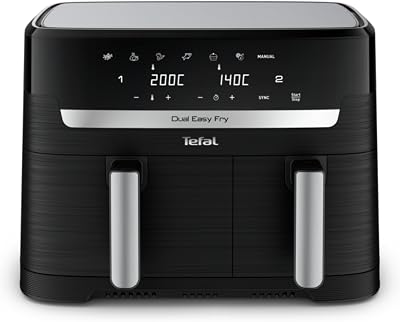 Tefal Dual Easy Fry Heteluchtfriteuse, 8,3L Airfryer met Dubbele Lades & XL-kamer, 2700W, 7 Programma's, Extra Crisp-technologie, Energiebesparend, Vaatwasmachinebestendig, Recepten-app, Zwart, EY9018