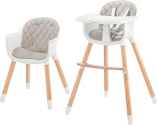 Kinderkraft 2-in-1 hoge kinderstoel SIENNA, hoge babystoel, meegroeistoel, combistoel, houten poten, 5-puntsveiligheidsgordel, voetensteun, afneembaar eetblad, antislip beenvoetjes, grijs