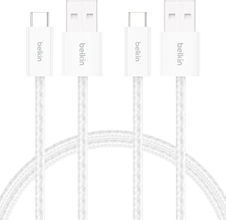 Belkin 2-Pack Gevlochten USB-A/USB-C-Kabel, 1,5M, 15 W - zachte, flexibele USB A to USB C Kabel, Type C-snellaadkabel voor iPhone 16- en 15-series, Galaxy S25, Pixel 9, iPad Pro en meer - wit