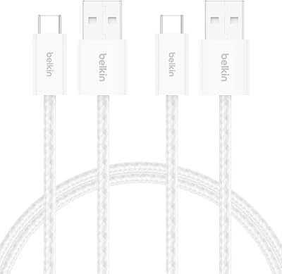 Belkin 2-Pack Gevlochten USB-A/USB-C-Kabel, 1,5M, 15 W - zachte, flexibele USB A to USB C Kabel, Type C-snellaadkabel voor iPhone 16- en 15-series, Galaxy S25, Pixel 9, iPad Pro en meer - wit