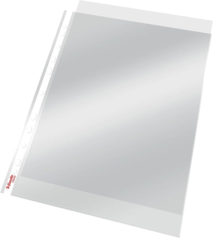 Esselte Economy A4 Showtas, 100 Stuks, Opening aan de Bovenkant, Kopieveilig, Voor Thuis en op Kantoor, 46 Micron, Universele Perforatiestrip, PP, 0,1 x 23 x 30,2 Centimeter, Doorzichtig, 56171
