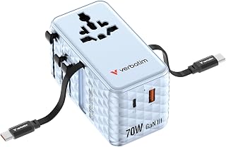 Verbatim GaN Reisadapter 70 W, blauw, stekkeradapter met 2 geïntegreerde kabels en USB-C, USB-A, 2 x USA/JP-aansluiting, universele snellader voor laptop, smartphone en meer, wereldwijd inzetbaar