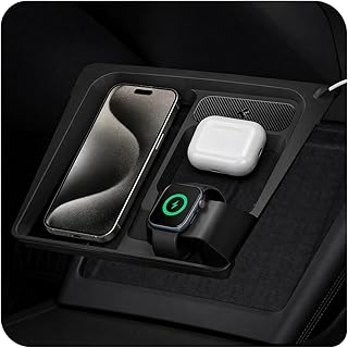 Spigen Tesla Model 3 2024 Highland 3 in 1 Draadloos opladen Hub Mount Station, Eenvoudig Kabelbeheer, Ontworpen voor Model 3 Accessoires - Koolstof