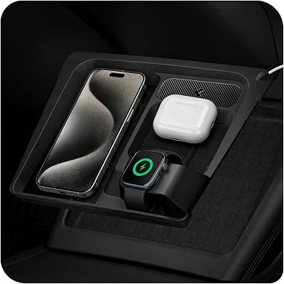 Spigen Tesla Model 3 2024 Highland 3 in 1 Draadloos opladen Hub Mount Station, Eenvoudig Kabelbeheer, Ontworpen voor Model 3 Accessoires - Koolstof
