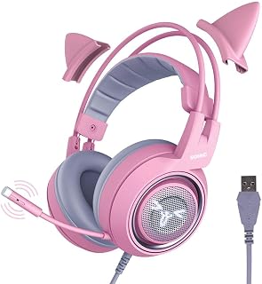 SOMiC Pink Cat Gaming Headset met Virtual 7.1 en LED-licht, surround sound, headset met ruisonderdrukkende microfoon voor computer, PS4, laptop voor meisjes, vrouw (USB-stekker)