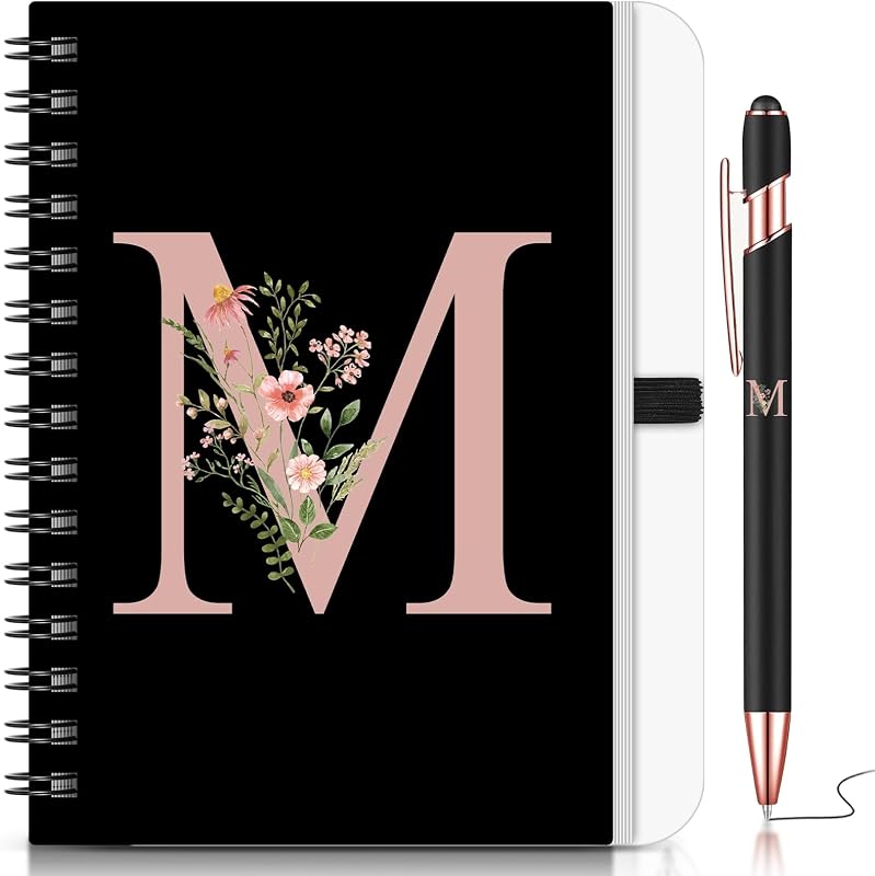 BBTO 2 Stuks Notitieboekje Met Initialen Voor Vrouwen Gepersonaliseerde Cadeaus Bloemen B6 Notitieboek Met Balpen voor Kerstmis Verjaardag Kantoorartikelen(Letter M)