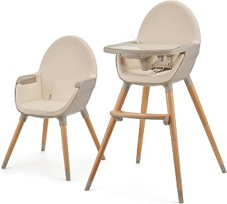Kinderkraft 2-in-1 hoge kinderstoel FINI2, hoge babystoel, kinderstoeltje, combistoel, houten poten, veiligheidsgordel, voetensteun, dubbel eetblad, 5-puntsveiligheidsgordel, Beige