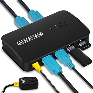 KVM HDMI schakelaar, USB 2.0 Switch voor 2 Computers, 2 in 4 out Switch voor Printers, Scanners, Toetsenborden, USB Sticks, Muis - met 2 KVM kabels