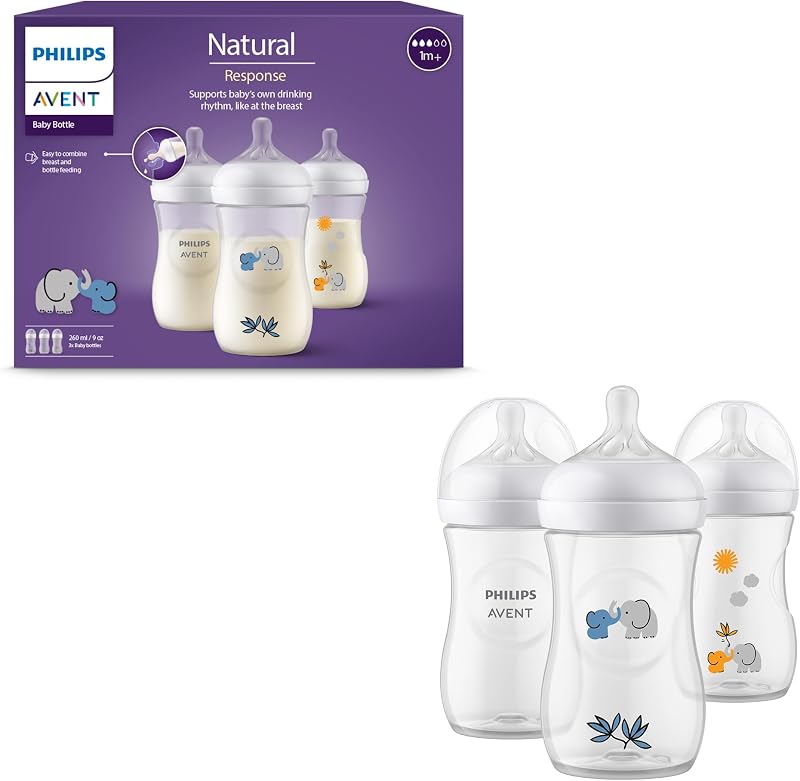 Philips Avent Natural Response-cadeauset voor baby's: 3 Natural Respons-babyflessen van 260 ml met T3 (spenen voor 1m+) SCY903/63