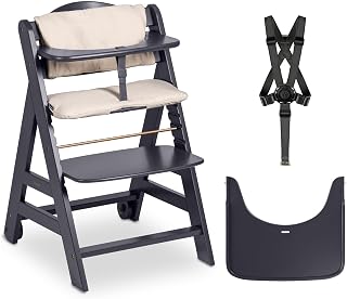 hauck Beta+, Dark Grey - Meegroeiende Houten Kinderstoel Set Met Wielen En Zitkussen Vanaf 6 Maanden Tot 90 kg Inclusief Groot Eetblad Veiligheidsbeugel 5 Punt Gordel En Kruisriem | Met zitkussen, eetplank, beschermbeugel, kruisriem en 5-punts riem, 8-voudig verstelbaar, robuuste kinderstoel van beu