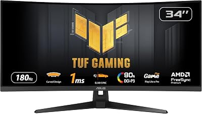 ASUS TUF Gaming VG34VQ3B Gaming Monitor – 34 inch WQHD (3440x1440), Curved, 180Hz, ELMB SYNC, FreeSync Premium, 1ms MPRT, 90% DCI-P3