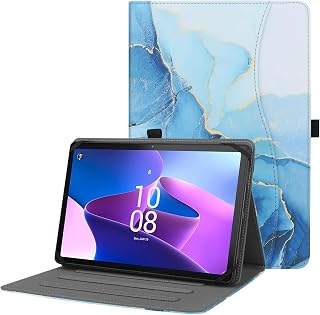 HGWALP Universele hoes voor 9", 9.7", 10.1", 10.2", 10.5", 10.9", 11" inch tablet, Multi-Viewing Angles Stand Folio hoesje Cover met handband voor iPad, Samsung, Andere 9-11 inch tablet,Marble Blue