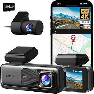 BOTSLAB Dashcam Auto Voor Achter, 4K Dashcam Auto GPS met WiFi, Dubbele Autocamera met 64GB SD Kaart, ADAS, Nachtzicht, 170° Groothoek, WDR, 2.45" IPS, 24/7 Parkeercontrole, Lusopname