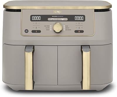 Ninja MAX Dual Zone digitale airfryer, 2 lades, 9.5L, 6-in-1, gebruikt geen olie, Airfryen, Max Crisp, Braden, Bakken, Opwarmen, Drogen, antiaanbaklaag, manden voor vaatwasser, Steengoud, DZ400EUSTGD