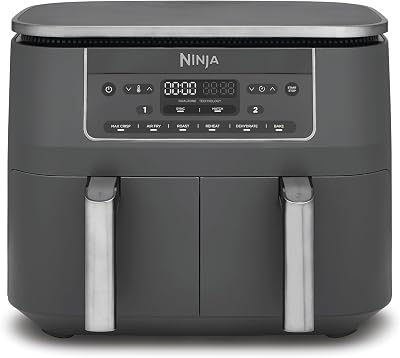 Ninja Dual Zone digitale airfryer, twee lades, 7.6L, 6-in-1, gebruikt geen olie, Airfryen, Max Crisp, Braden, Bakken, Opwarmen, Drogen, antiaanbaklaag, manden voor vaatwasser, Gunmetalgrijs DZ300EU