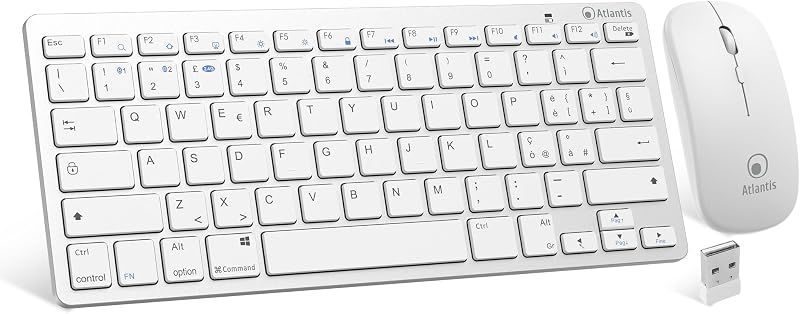 Atlantis Argo 900Pro Combo Kit Mini-toetsenbord en muis, draadloos, RF + Bluetooth, QWERTY 78 toetsen "Chocolate Key", voor pc/notebook/smartphone/tablet/iOS/Android, wit