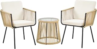 Yaheetech 3-delige rotan balkonset, tuinmeubelset incl. 2 stoelen met 6 cm dik zit- en rugkussen en 1 tafel met 5 mm dik hardglas, tuinzitgroep voor balkon buiten, lichtbruin/crèmewit