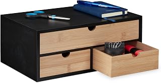 Relaxdays bureau organizer, met 3 lades, bamboe & MDF, bureaubakje kantoor, HBD: ca. 13,5x33x21 cm, natuur/zwart