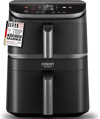 COSORI Airfryer, heteluchtfriteuse, 2 kamers, 10,8 l heteluchtfriteuse, innovatieve meervoudige luchtsnelheid, bespaart 41 procent ruimte, inclusief receptenboek en roestvrij stalen rooster