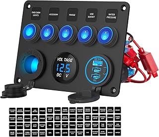 12V 24V 5 bende Aan Uit Rocker Schakelaar Pre-bedraad aluminium panel Waterdicht met 78W drievoudige USB-poorten autolader, LED Digitale Voltmeter en Sigaretaansteker Socket voor Auto Boot RV UTV