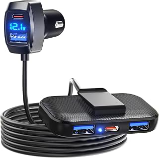 LENCENT 5 USB-poorten Autolader Sigarettenaansteker Stroomadapter 31W (Max) 3 USB-A & 2 Type-C USB-poorten voor voor- en achterpassagiers met verlengkabel van 1,5 m