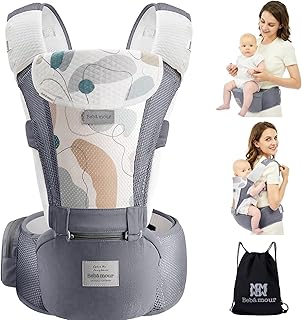 Bebamour draagzak voor 0-36 maanden, 3D Air Mesh draagzak rugzak voor pasgeborenen tot peuters, veiligheidsnorm goedgekeurd, ergonomische baby heupzitje 6 in 1 voordrager (Grey)