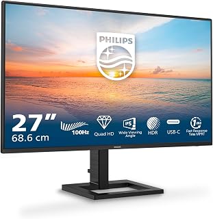 Philips 27E1N1600AM 27 inch Quad HD monitor, luidspreker, in hoogte verstelbaar (2560 x 1440, 100 Hz, 1 x HDMI 1.4, 1 x USB-C (65W PD), USB-hub), zwart