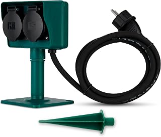 REV Tuinstopcontact, 2-voudig outdoor stopcontact, IP44 spatwaterdicht, 1,4 m rubberen kabel, met grondpen en bodemplaat voor flexibele montage, groen