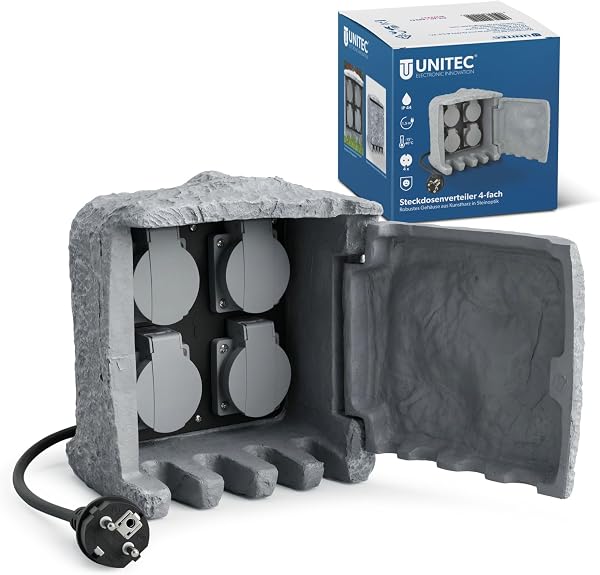 UNITEC Stopcontactverdeler voor de tuin in steen-look - tweedehands - als nieuw — outlet/retourdeal