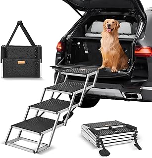 VEVOR Hondentrap voor auto's, brede 4-staps hondenautotrap, opvouwbare hondenautooprit met antislip oppervlak, draagbare huisdiertrappen, lichtgewicht aluminium voor auto, SUV en vrachtwagen,