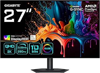 GIGABYTE MO27Q28G Gaming Monitor OLED 27 inch QHD - 2560 x 1440, 280Hz, 0,03ms, 335CD/m², Display HDR True Black 500, HDMI 2.1, DisplayPort 1.4