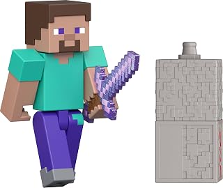 Mattel Minecraft speelgoed, Steve actiefiguur met accessoire en Redstone bouwstuk, verzamelset van ruim 8 cm, geïnspireerd op de videogame, JJR85