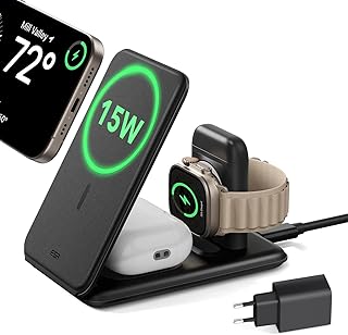 ESR 15W Draadloos laadstation, 3-in-1, 15 W, oplader voor Apple Watch [gecertificeerd] en MagSafe-houder voor iPhone, voor meerdere apparaten, iPhone 16/15/14/13, horloge en AirPods 4, zwart