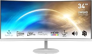 MSI Pro MP341CQW 34 inch UWQHD gebogen bureaumonitor, VA 1500R, 3440 x 1440, 100 Hz, 1 ms, oogcomfort, contrast 3000:1, 21:9, geïntegreerde luidsprekers, DP 1.2a, HDMI 2.0b - wit
