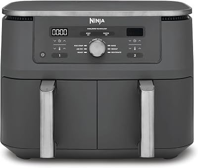 Ninja MAX Dual Zone digitale airfryer, 2 lades, 9.5L, 6-in-1, gebruikt geen olie, Airfryen, Max Crisp, Braden, Bakken, Opwarmen, Drogen, antiaanbaklaag, manden voor vaatwasser, Gunmetalgrijs DZ400EU