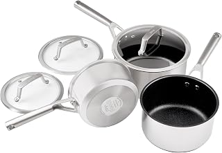 Ninja Foodi ZEROSTICK 3-delige roestvrijstalen pannenset [C63000EU] steelpannenset, antiaanbaklaag, geschikt voor inductie, vaatwasmachinebestendig, zilver, klein