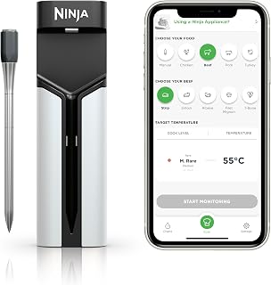 Ninja ProChef Draadloze Vleesthermometer Voor Binnen en Buiten, Grillen en Airfryen: 50m Bluetooth bereik, 30 uur Batterijduur, App-verbonden, Hittebestendig, Waterdicht. WP100EU