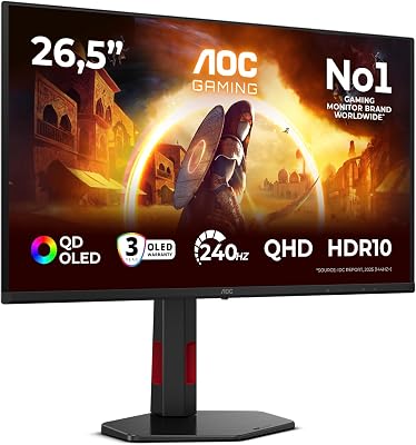 AOC Q27G4ZDR Monitor 26,5 inch WQHD 240Hz, QD-OLED-paneel, 0,03ms GTG, Adaptive Sync, HDR10, G-Sync Comp., hoogteverstelling (2560 x 1440 HDMI, 2 x 2.1 DP, 1 x 1.4 USB Hub) zwart/rood