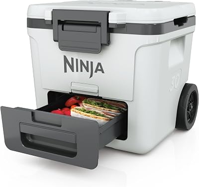 Ninja FrostVault Stevige Geïsoleerde Koelbox, Hoogwaardige Koelbox met Wielen met Dry Zone Geïntegreerde Opberglade op Koelkasttemp., Behoudt IJs Dagenlang, Voor tot 48 Blikjes, Wolkenwit, FB230EUWH