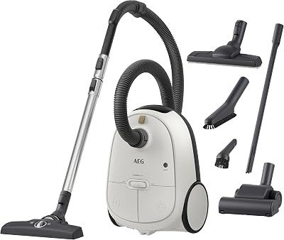 AEG AB61H6SW Stofzuiger met zak, 750 W vermogen, 3,5 l inhoud, 12 m werkbereik, XL wielen, wasbaar filter, 3 borstels + 3 accessoires, 10 jaar motorgarantie, wit