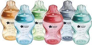Tommee Tippee Close to Nature Babyflessen, natuurlijk gevormde drinkzuiger met anti-koliekventiel, 260 ml, set van 6, Fiesta meerkleurig