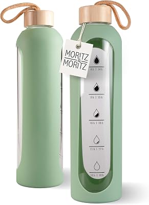 Moritz & Moritz Drinkfles van glas, 1000 ml, groen, lekvrij, glazen fles voor sport, school, universiteit of werk, met beschermende siliconen hoes, inclusief motivatieschaal, met bamboedeksel